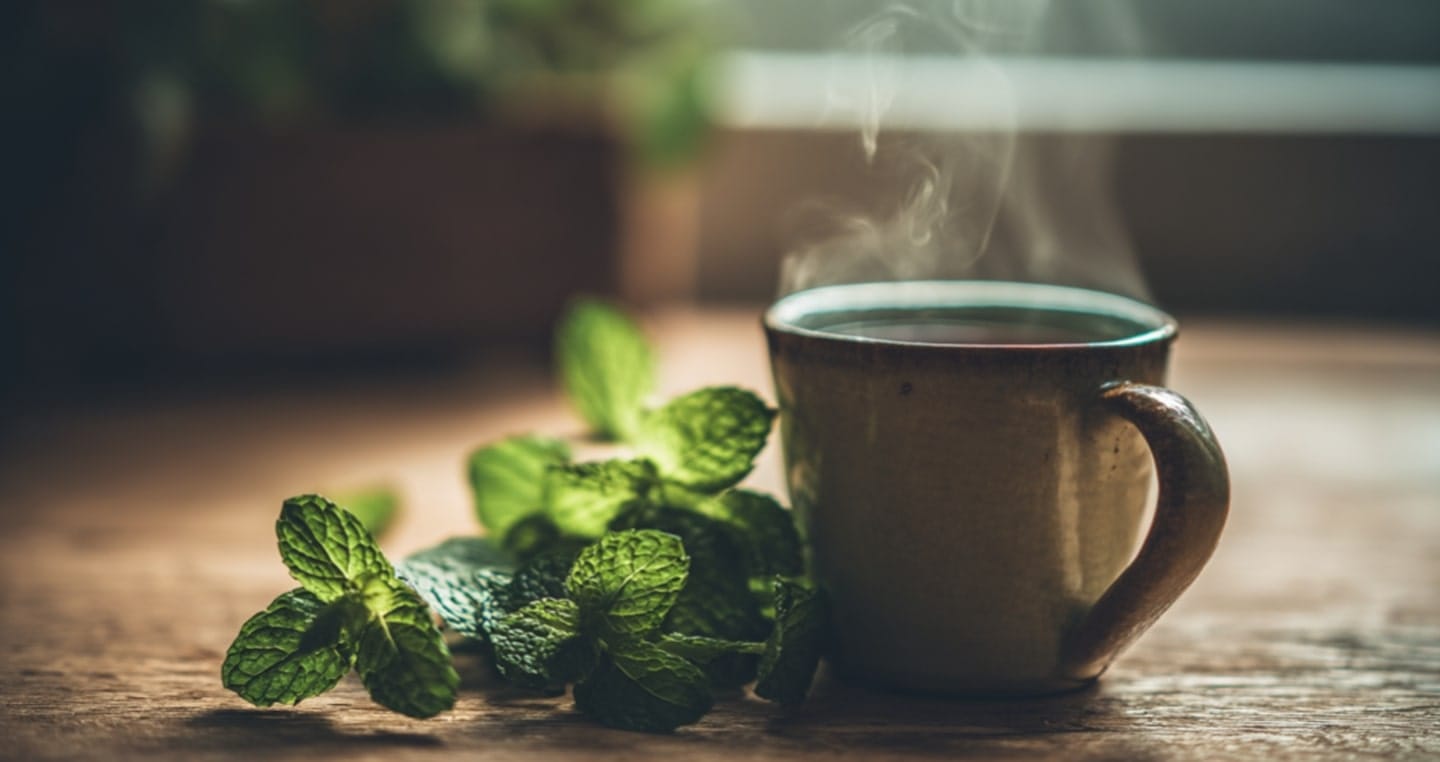 Kubek gorącej kawy miętowej na drewnianym stole, obok świeże liście mięty.