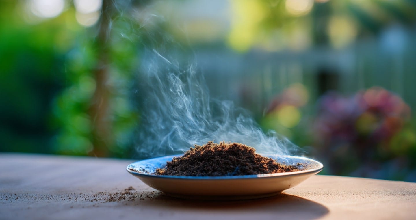 Dymiąca kawa na komary na talerzyku, w tle rozmyte zielone rośliny.