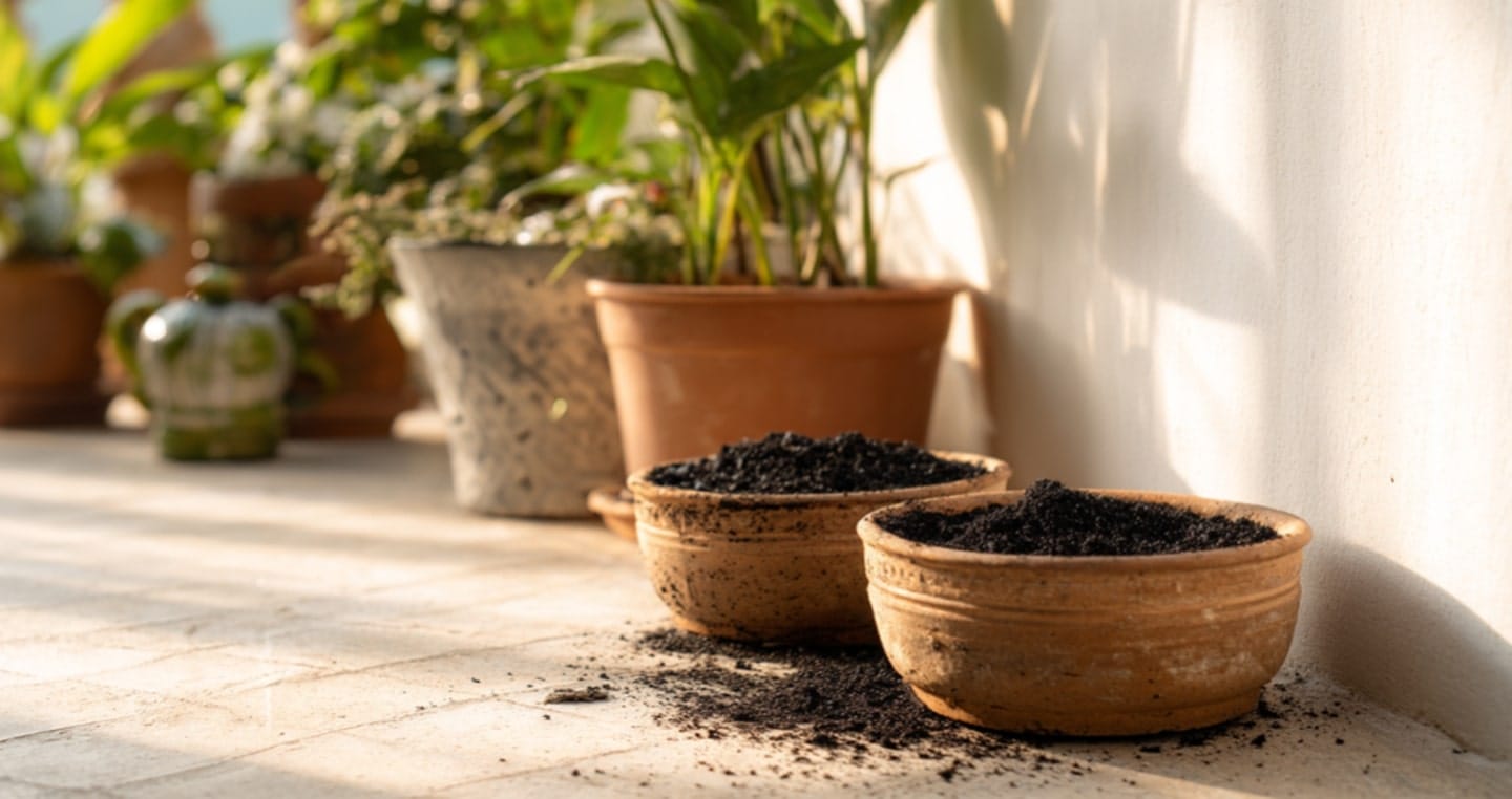 Kawa na mrówki w ogrodzie, doniczki z ziemią, w tle inne rośliny w doniczkach.