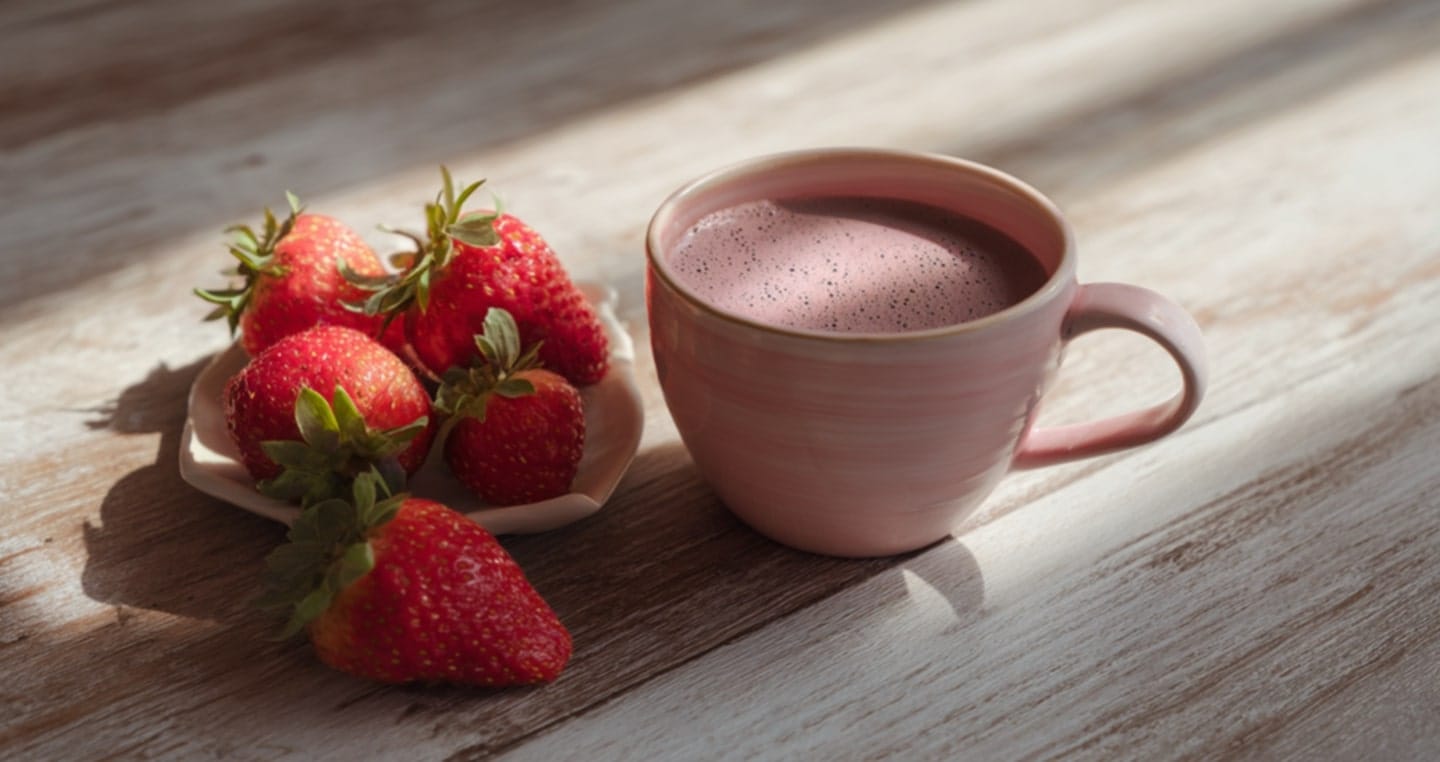Truskawki na talerzyku obok różowego kubka z kawą truskawkową na drewnianym stole.