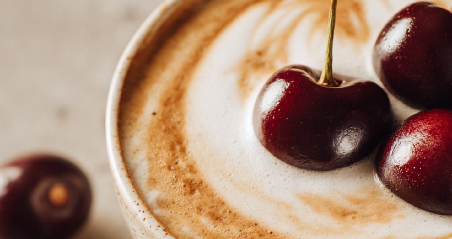 Trzy ciemnoczerwone wiśnie na kremowej piance kawy wiśniowej, jedna wiśnia obok filiżanki.