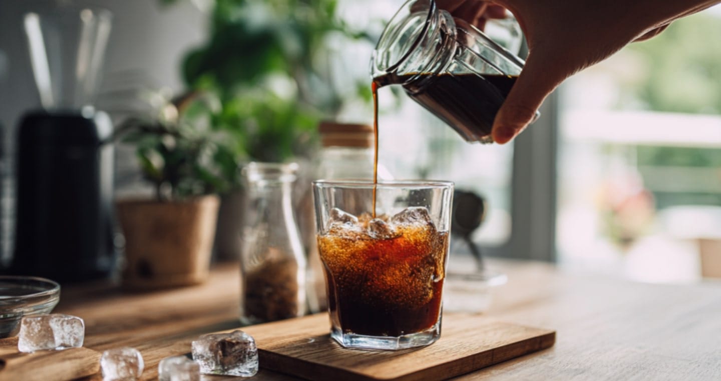 Nalewanie kawy z colą do szklanki z lodem na drewnianym blacie w kuchni.