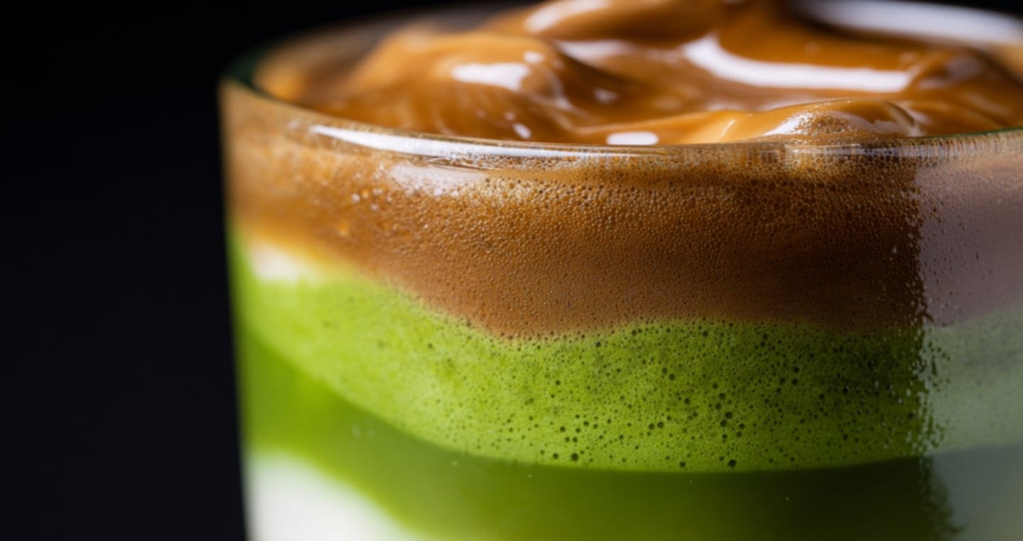 Warstwowy napój: mleko, matcha, kawa z pianką w szklance na czarnym tle.