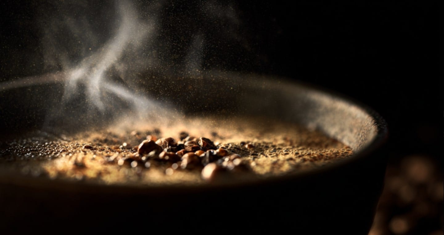 Parujące ziarna kawy z pieprzem w ciemnym otoczeniu.
