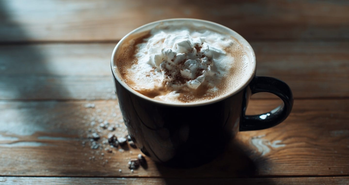 kawa z ekspresu nespresso w czarnej filiżance z pianką na drewnianym stole.