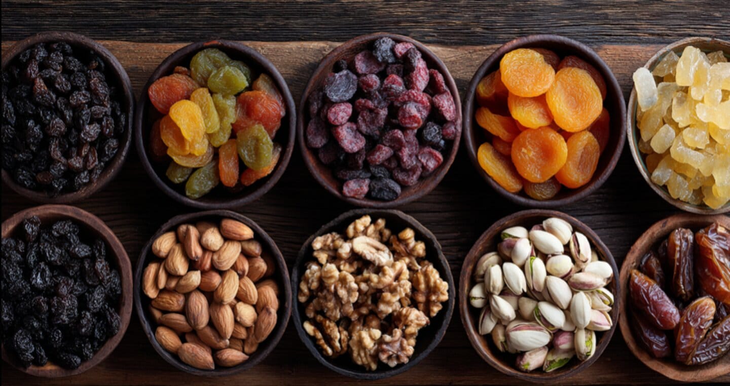 Suszone owoce, orzechy, rodzynki i daktyle w drewnianych miseczkach na drewnianym tle.
