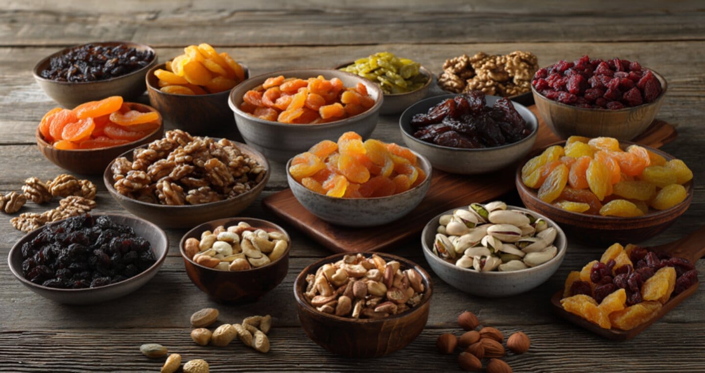 Suszone owoce, orzechy i nasiona w miseczkach na drewnianym stole.