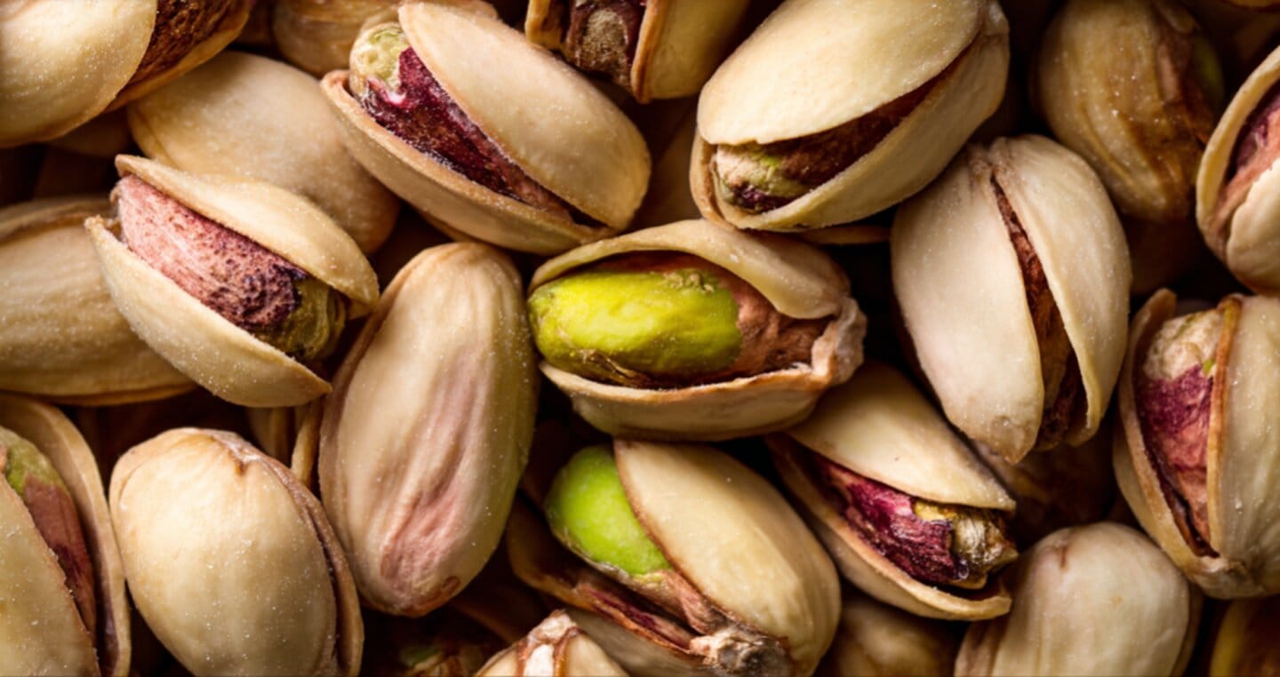 Pistacje w łupinach, z widocznymi zielonymi i fioletowymi ziarnami.