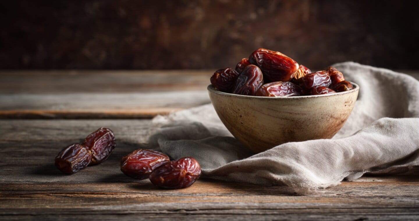 Miseczka suszonych daktyli na drewnianym stole, obok lniana serweta.