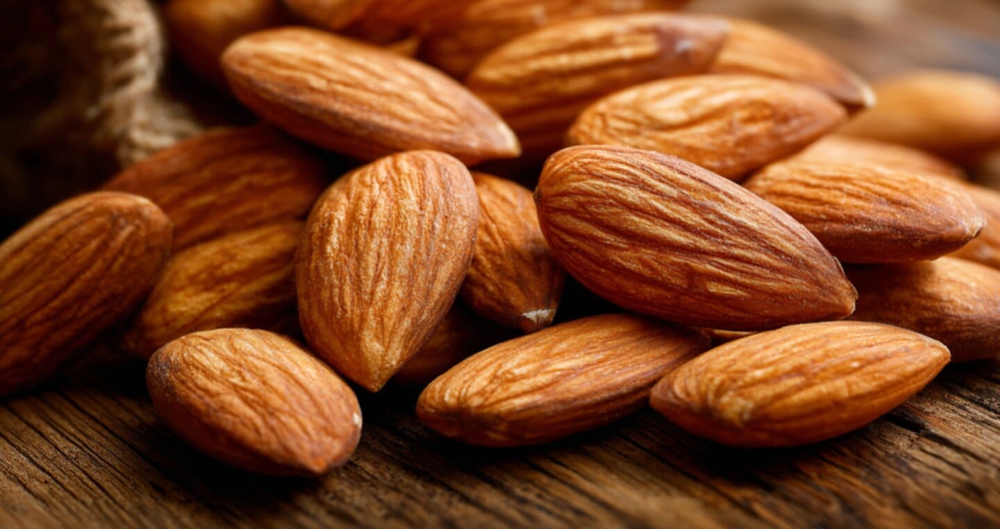 Migdały na drewnianej powierzchni, zbliżenie na teksturę i kolor.