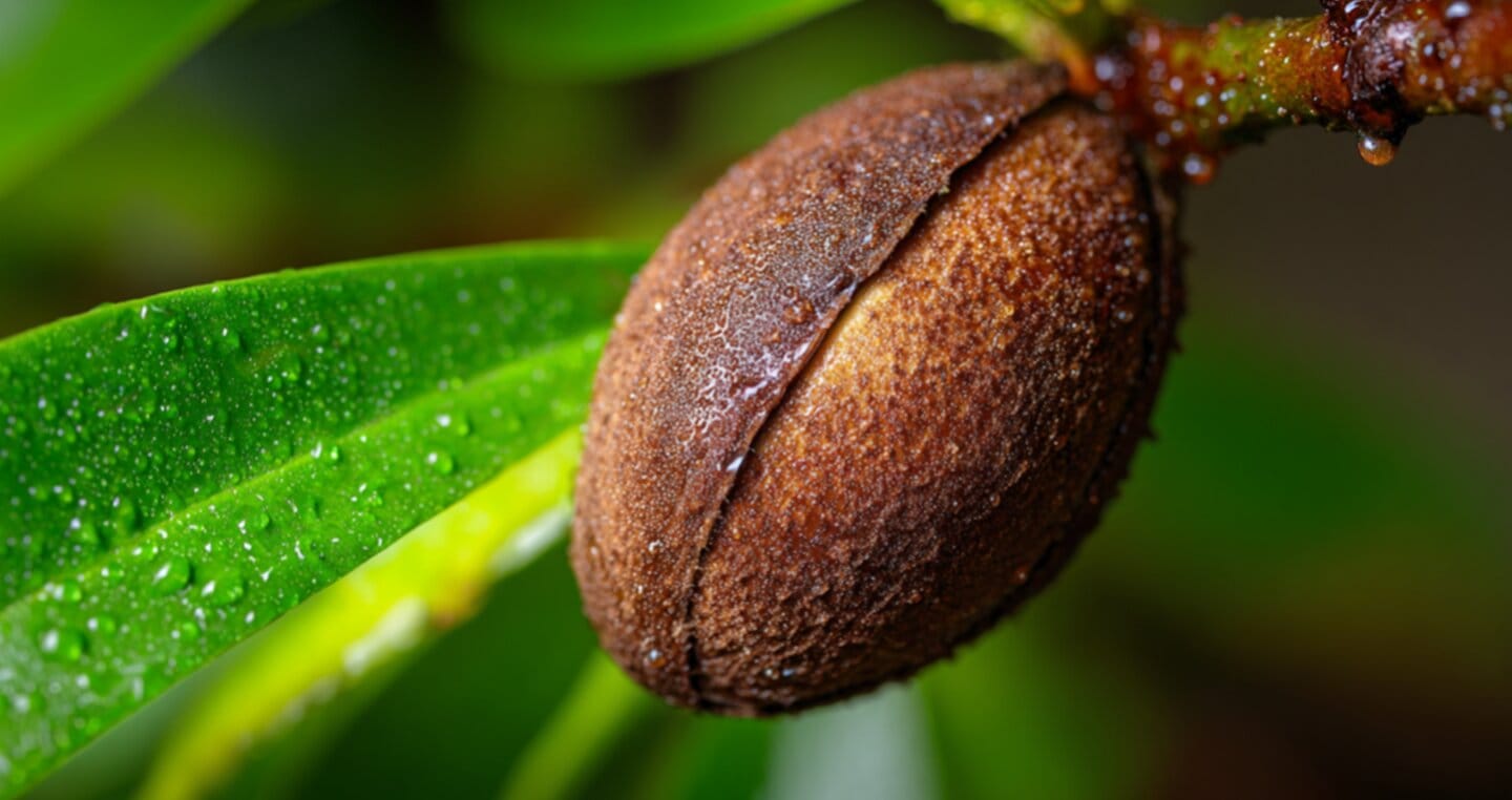 Brązowy orzech brazylijski na gałęzi, zielone liście pokryte kroplami wody.