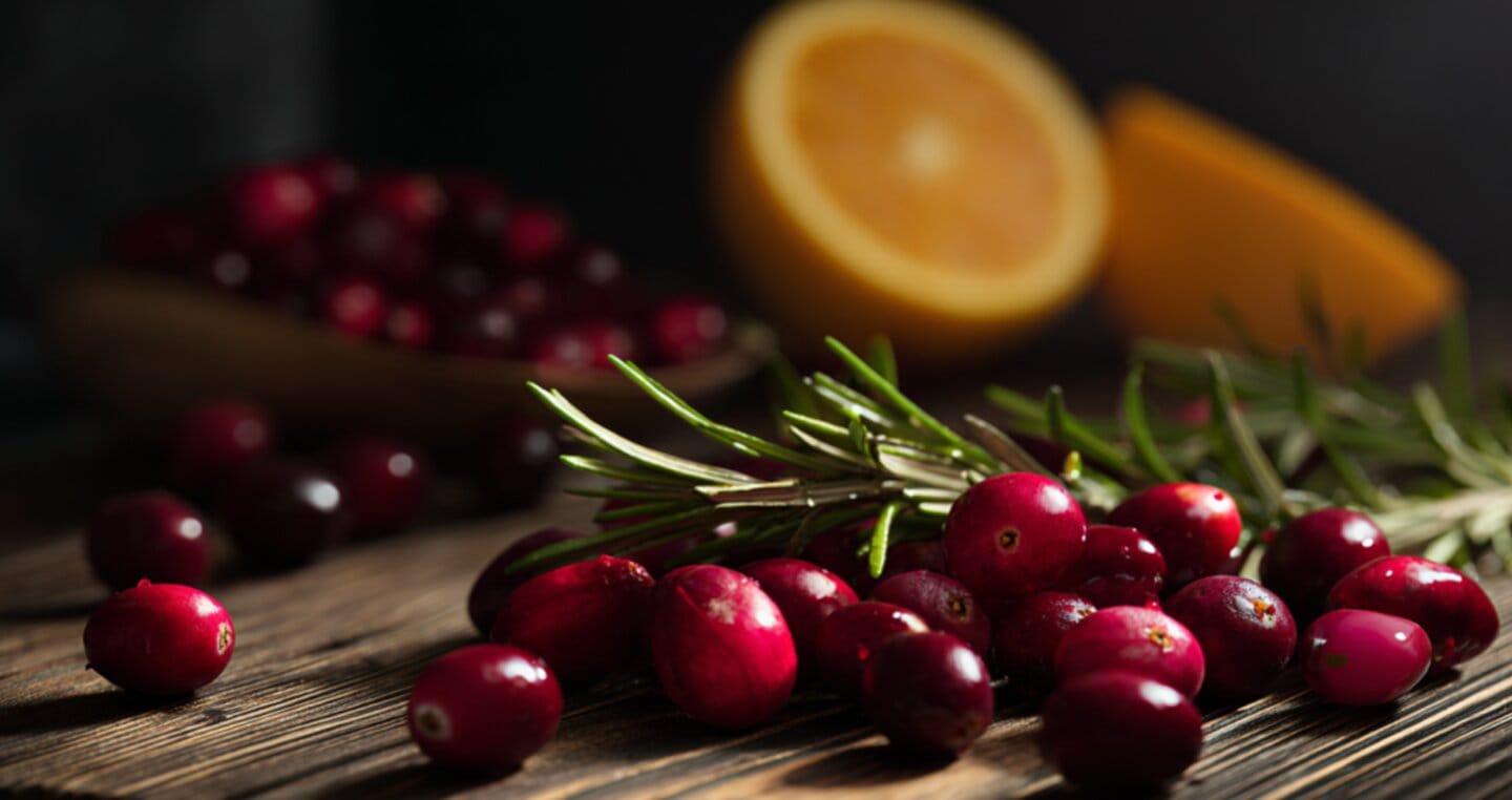 Żurawiny, gałązki rozmarynu, kawałki pomarańczy na drewnianym stole.