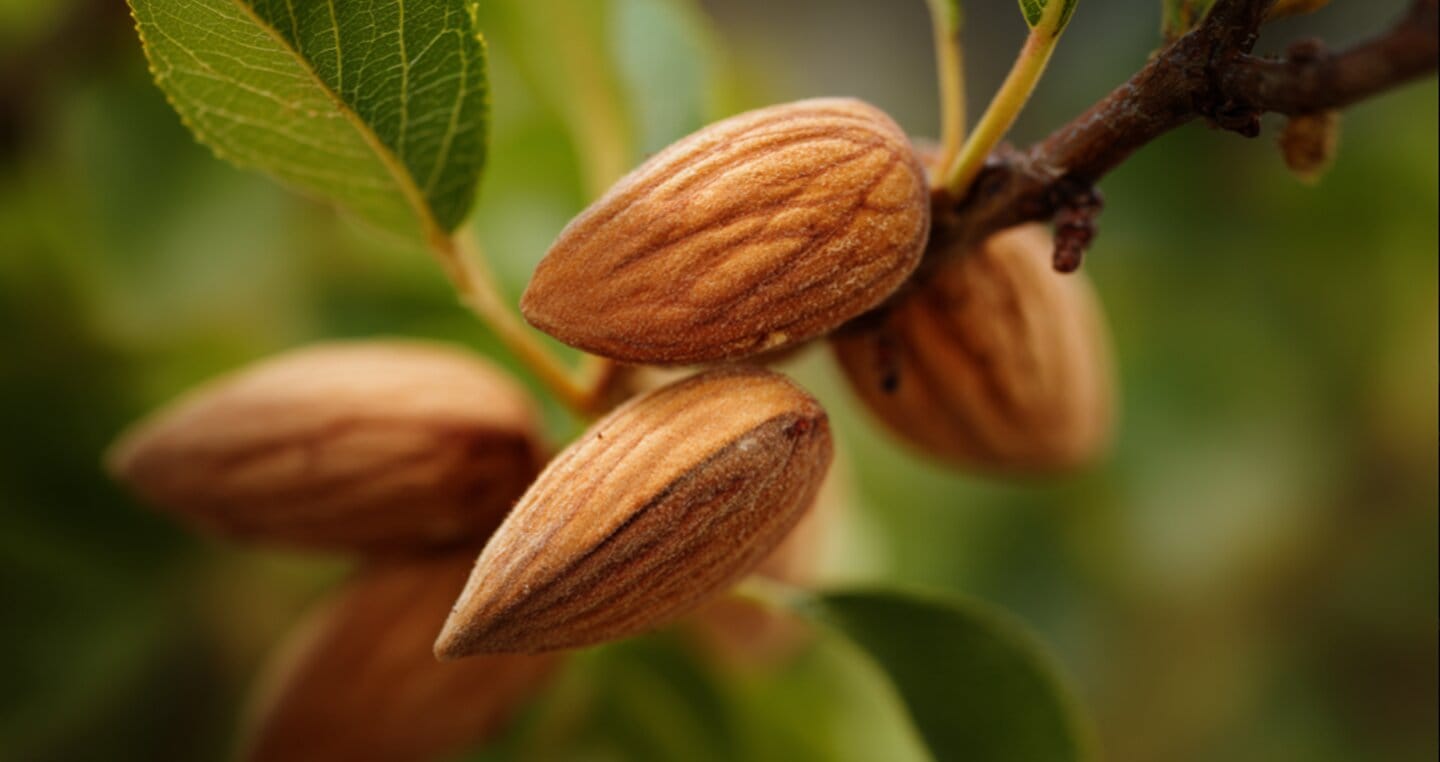 Migdały dojrzewające na drzewie, z bliska, liście w tle.