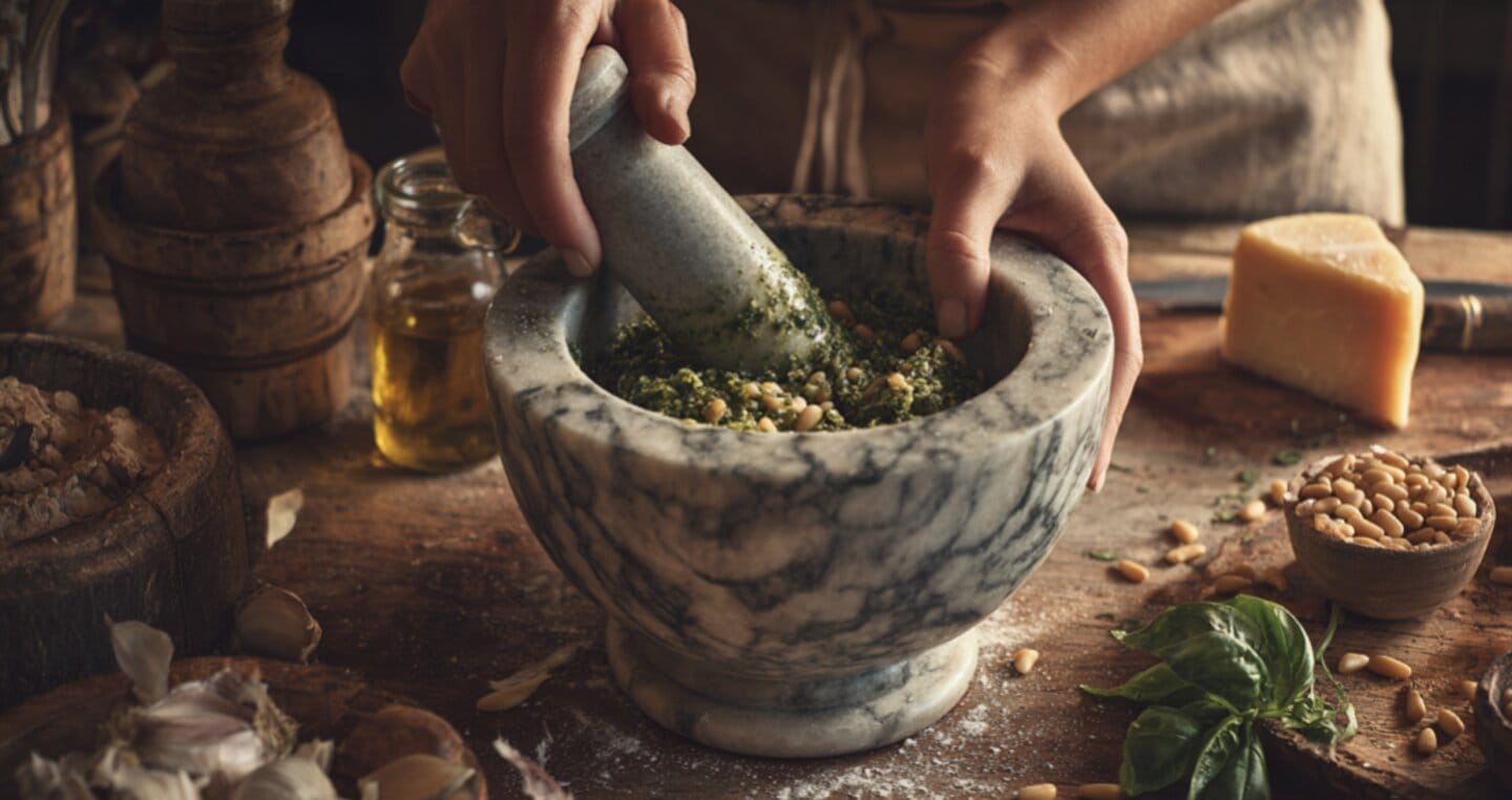 Ręce ucierające pesto w marmurowym moździerzu, na stole składniki: ser, czosnek, oliwa, orzeszki.