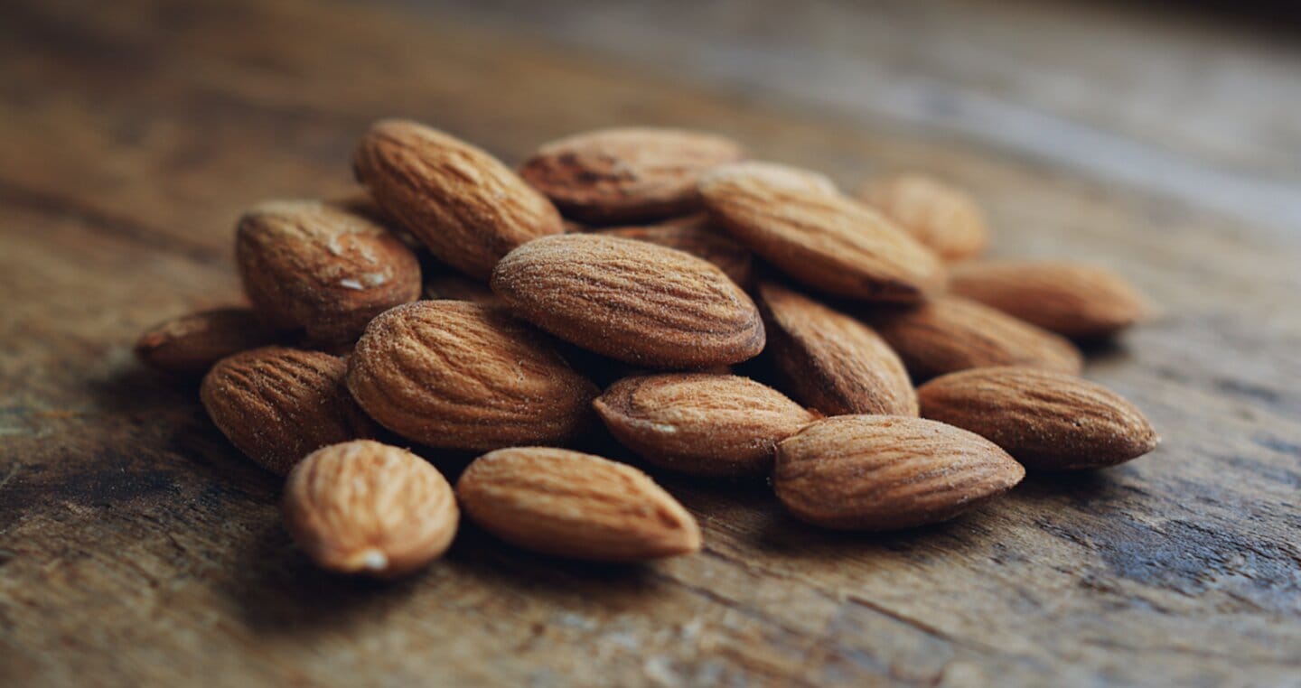 Migdały rozsypane na drewnianym stole
