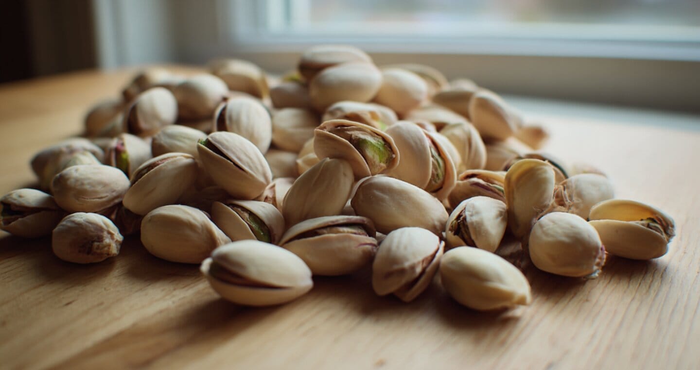 Pistacje w łupinach rozsypane na drewnianym blacie.