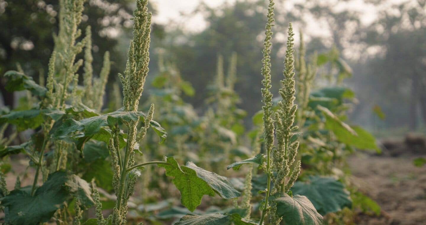 Sezam rosnący na polu, w tle drzewa.