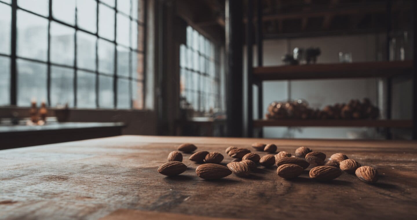 Migdały na drewnianym stole, w tle duże okna i półki.