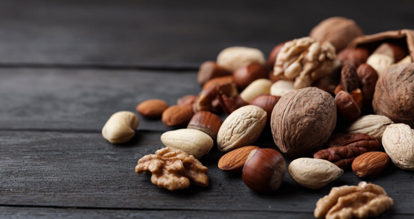 Różne rodzaje orzechów i bakalii na ciemnym drewnianym tle.