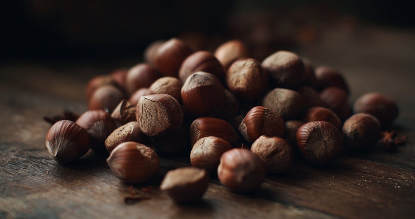 Stos orzechów laskowych na drewnianym stole.