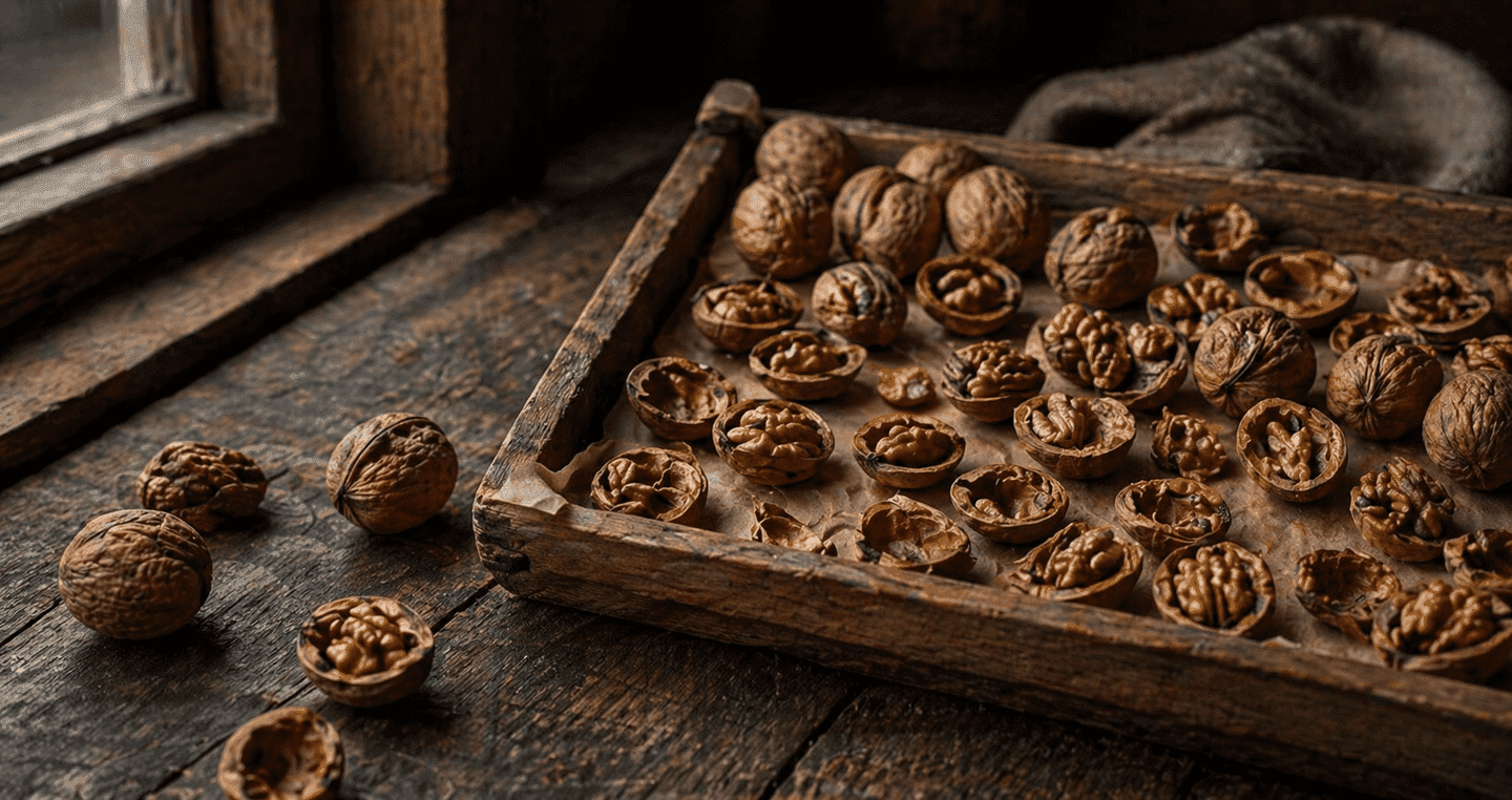 Orzechy włoskie w łupinach suszące się na drewnianej tacy przy oknie