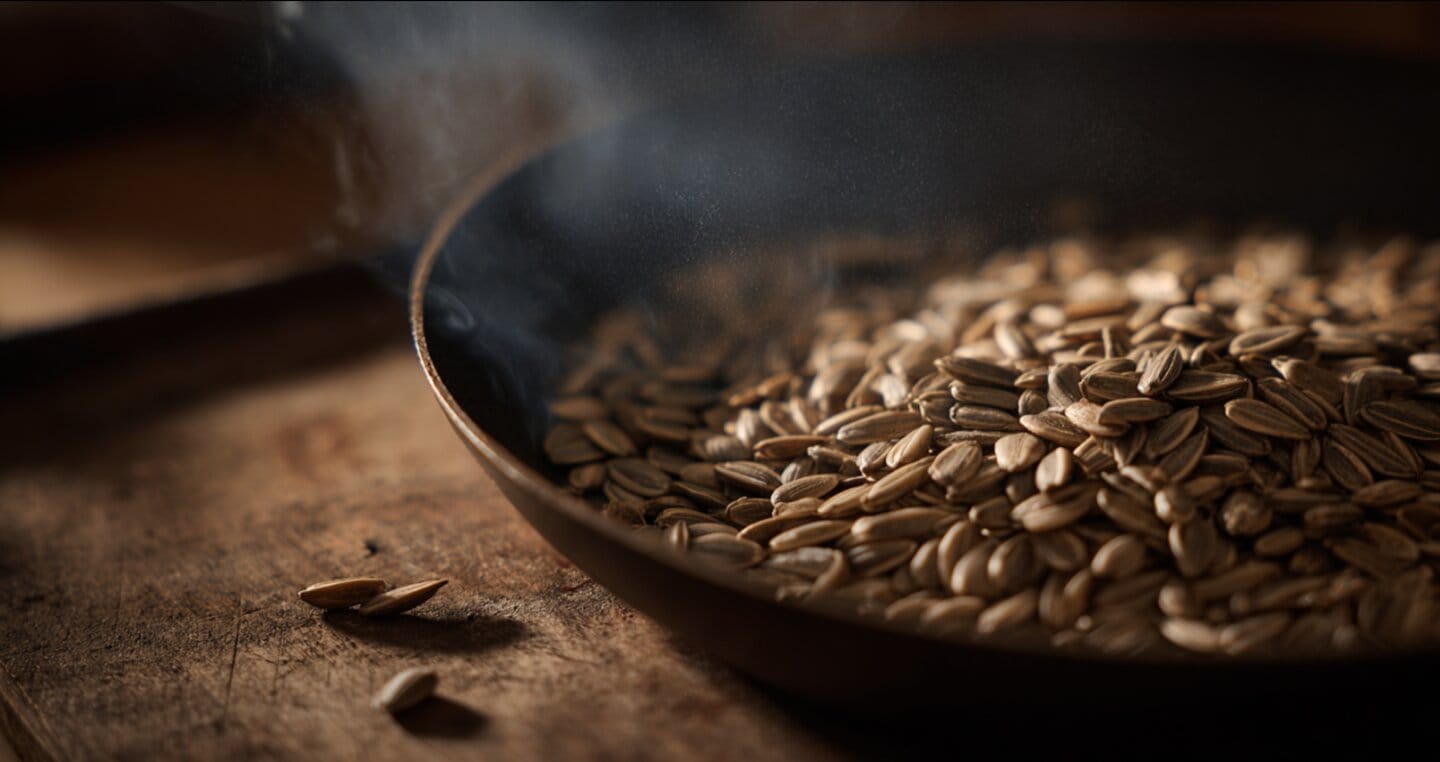 Prażone nasiona słonecznika w metalowej patelni na drewnianym blacie.