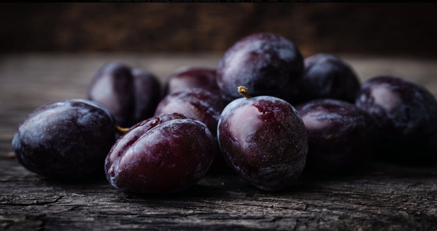 Śliwki na drewnianym stole, zbliżenie, ciemne tło.