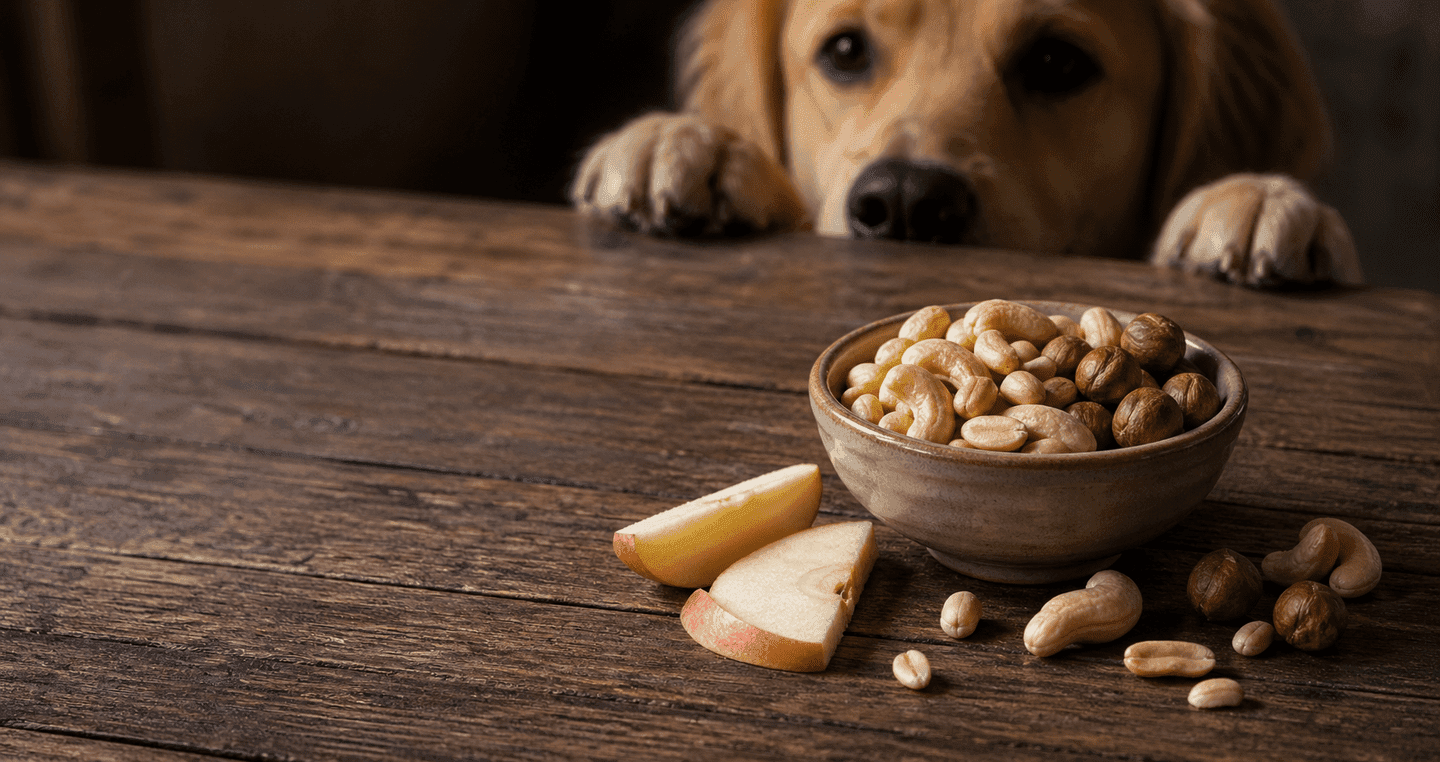 Pies patrzący na miskę z orzechami i kawałkami jabłka na drewnianym stole.