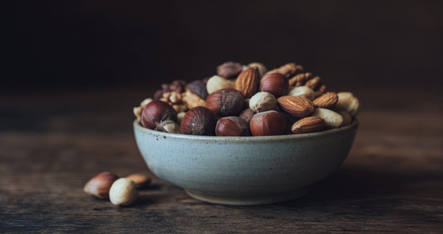 Miska pełna różnych orzechów na drewnianym stole.