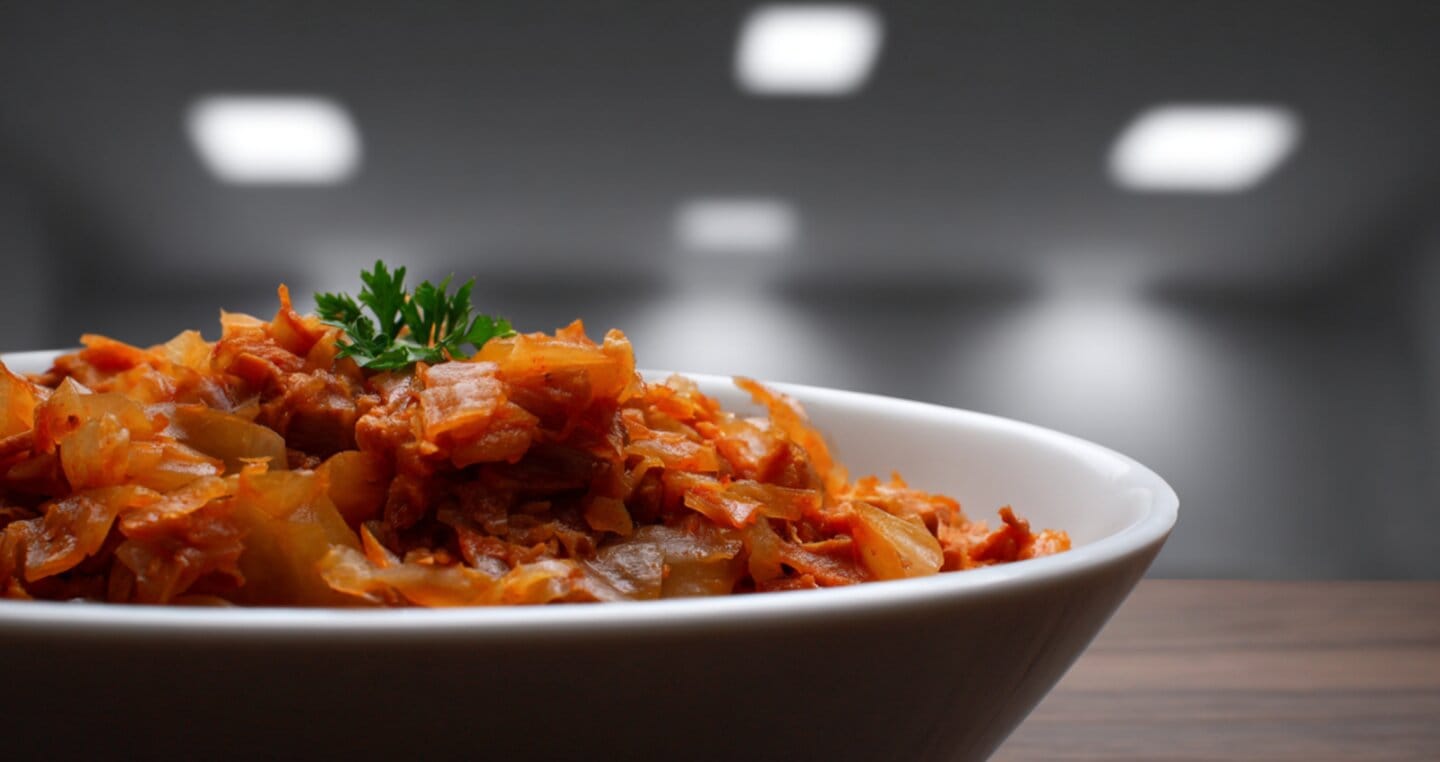 Bigos w białej misce, udekorowany natką pietruszki, w tle rozmyte światła.