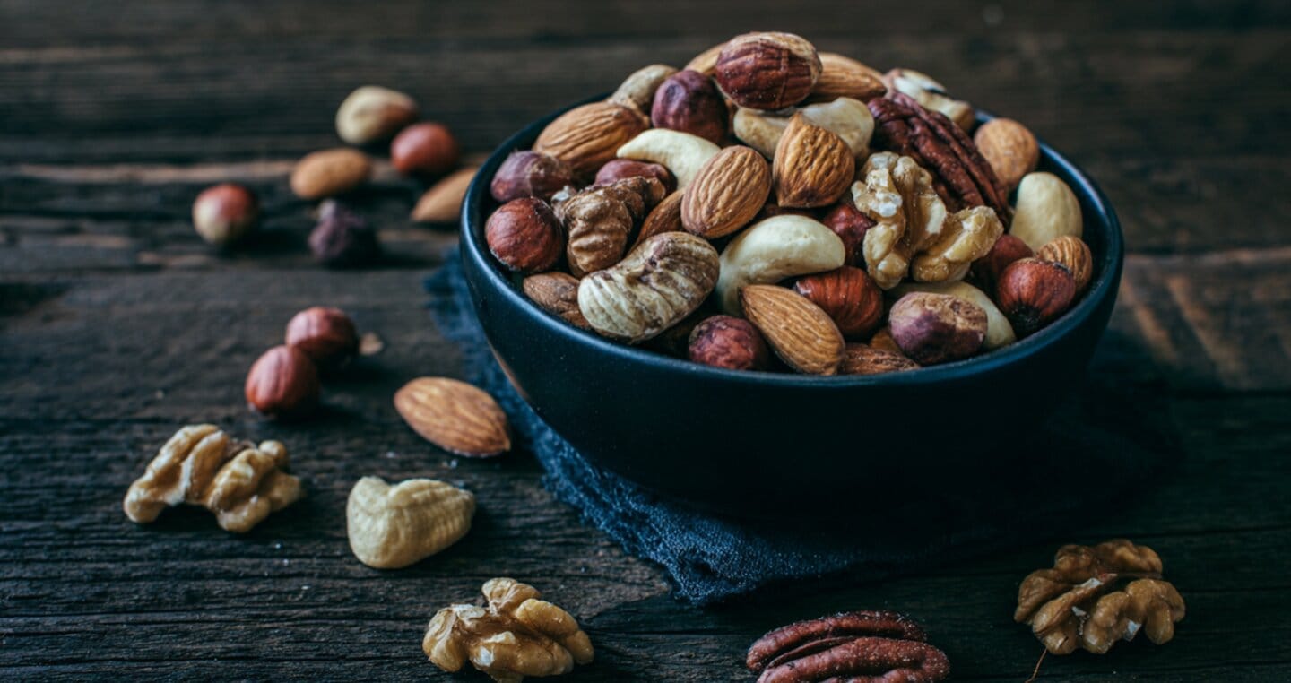Miska mieszanych orzechów na drewnianym stole, w tym włoskie, laskowe i migdały.
