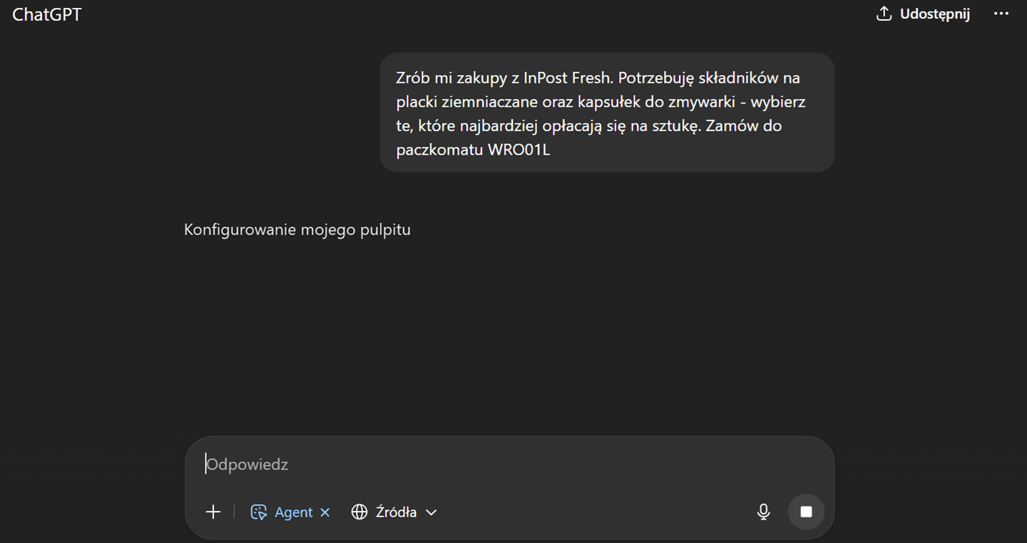 Zamawianie z InPost Fresh przez ChatGPT - konfigurowanie pulpitu