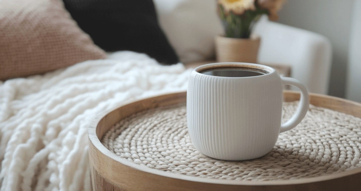 Kawa z kawiarki w białym kubku