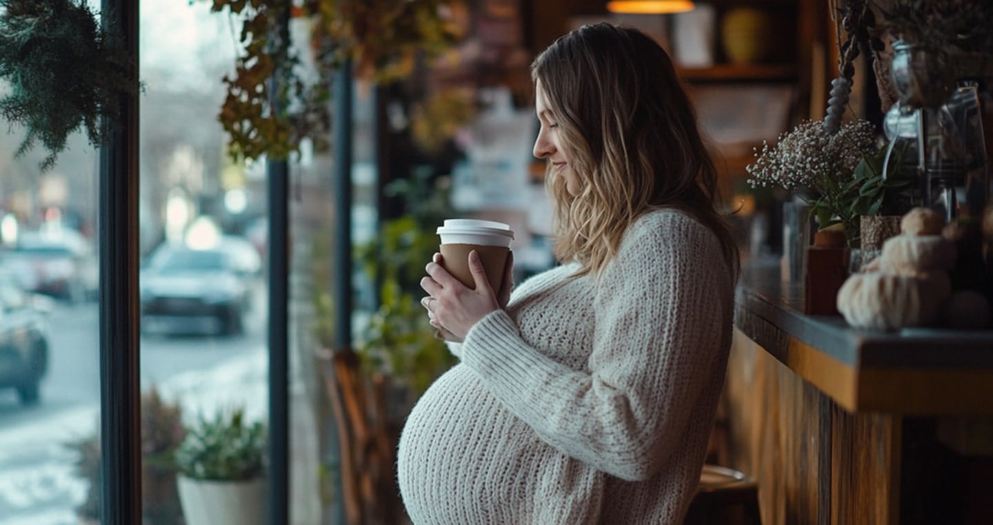 Kobieta w ciąży trzymająca kubek z kawą