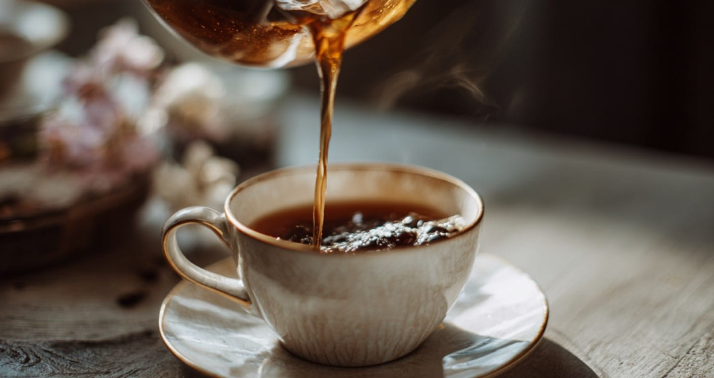 Nalewanie kawy do filiżanki na stole w przytulnym otoczeniu.