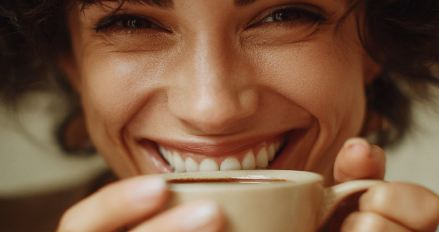 Kobieta, która ma kręcone, ciemne włosy, jasną skórę, delikatnie widoczna dłoń.