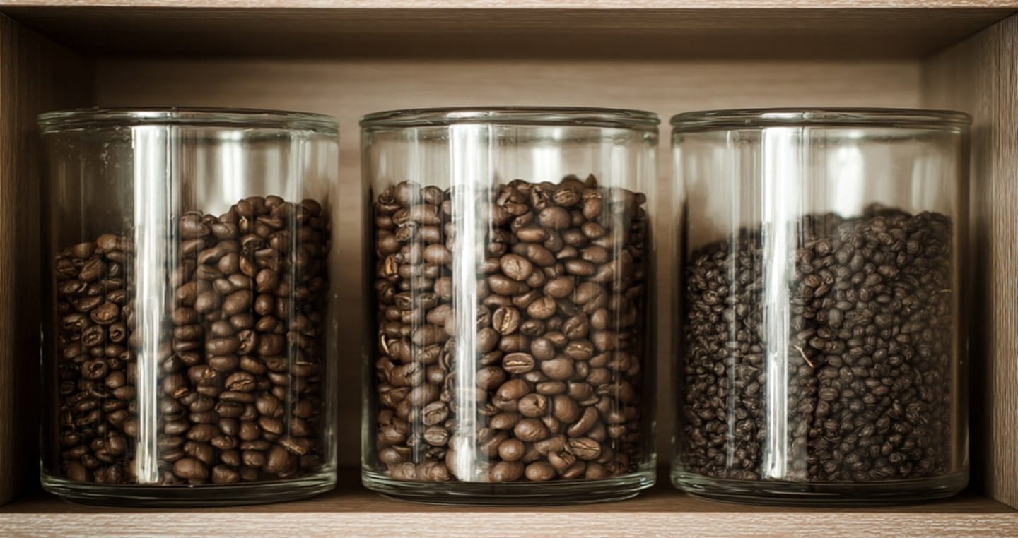 Trzy szklane słoiki z różnymi rodzajami palonych ziaren kawy.