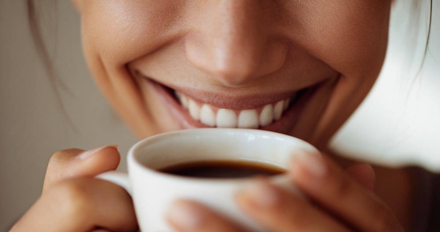 Uśmiechnięta kobieta trzymająca filiżankę kawy.