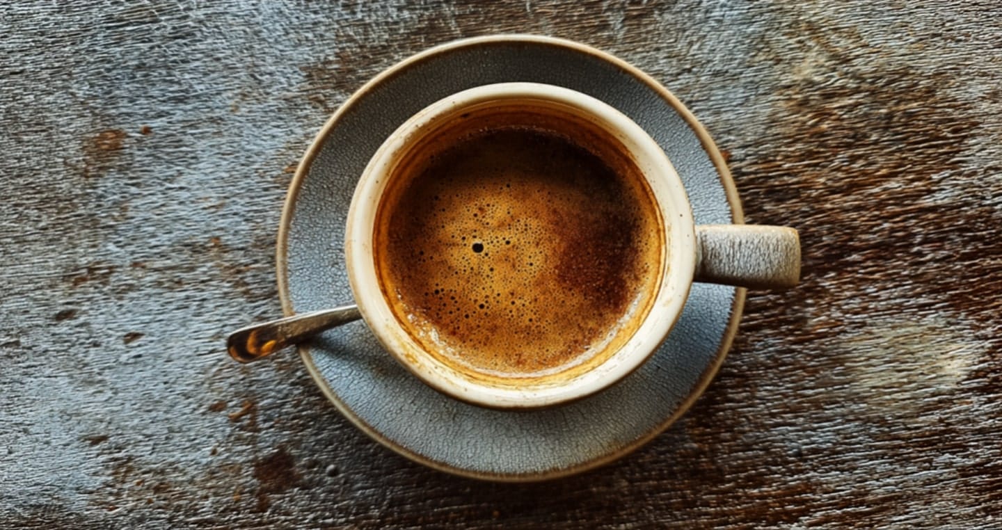 Filiżanka espresso na szorstkim drewnianym stole, obok łyżeczka.