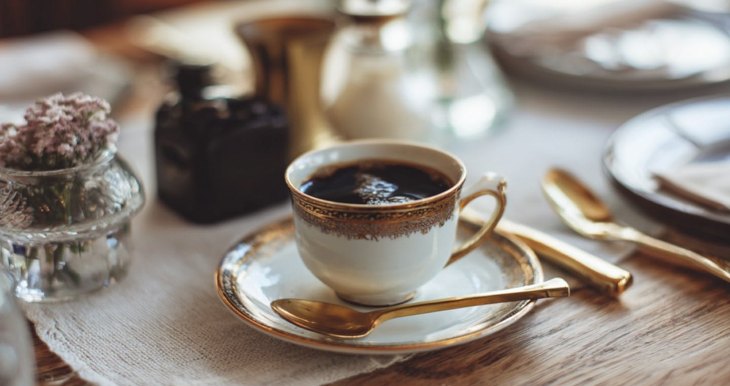 Filiżanka kawy na ozdobnym spodeczku, złota łyżeczka, kwiaty obok.