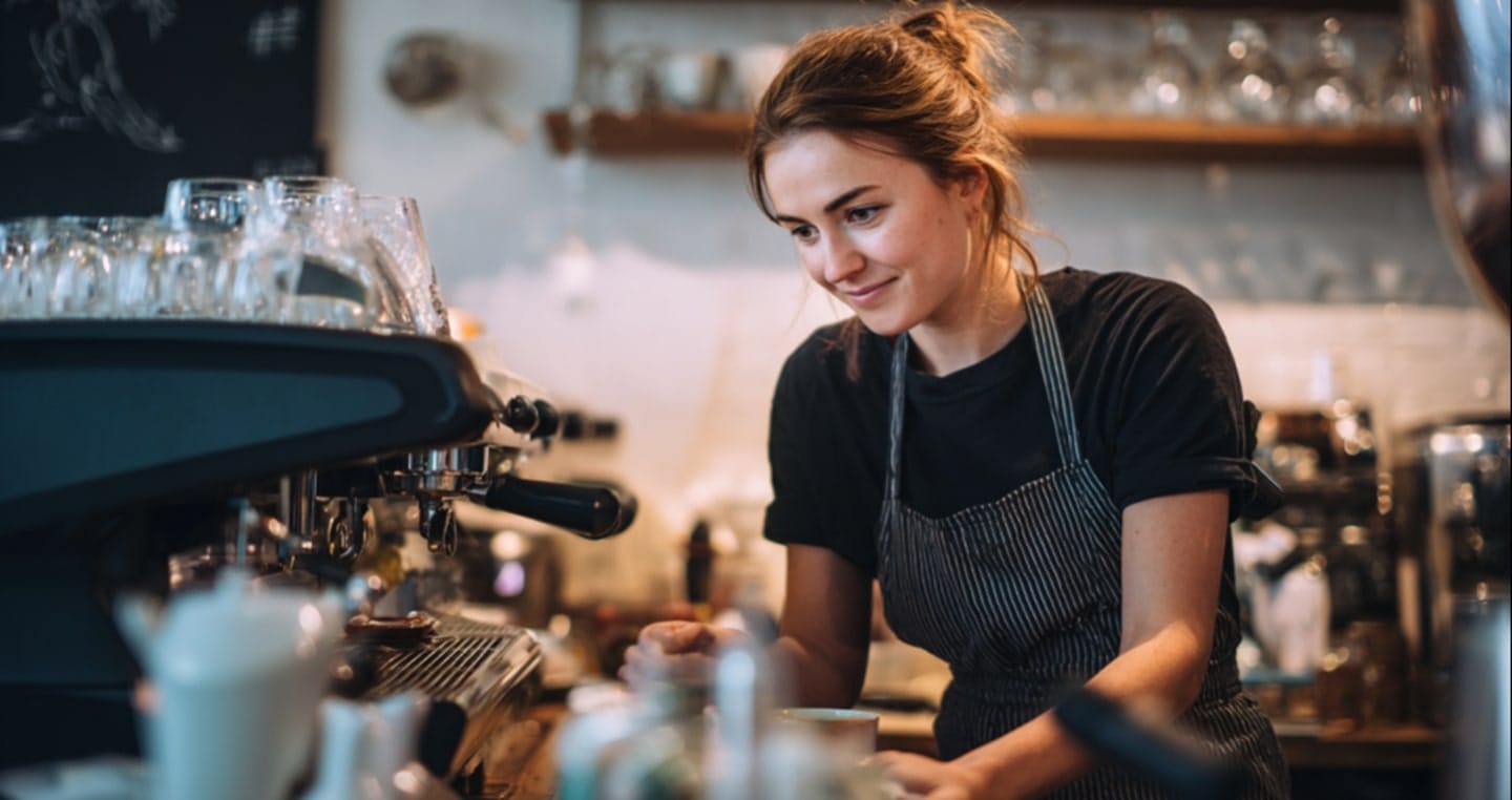 Baristka w fartuchu przygotowująca kawę w kawiarni, w tle półki z filiżankami.