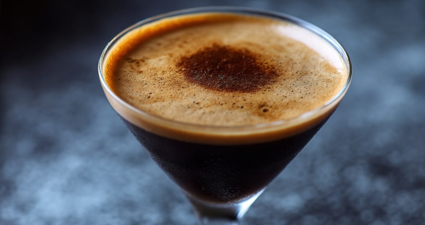 Filiżanka espresso z kremową pianką na ciemnym tle.