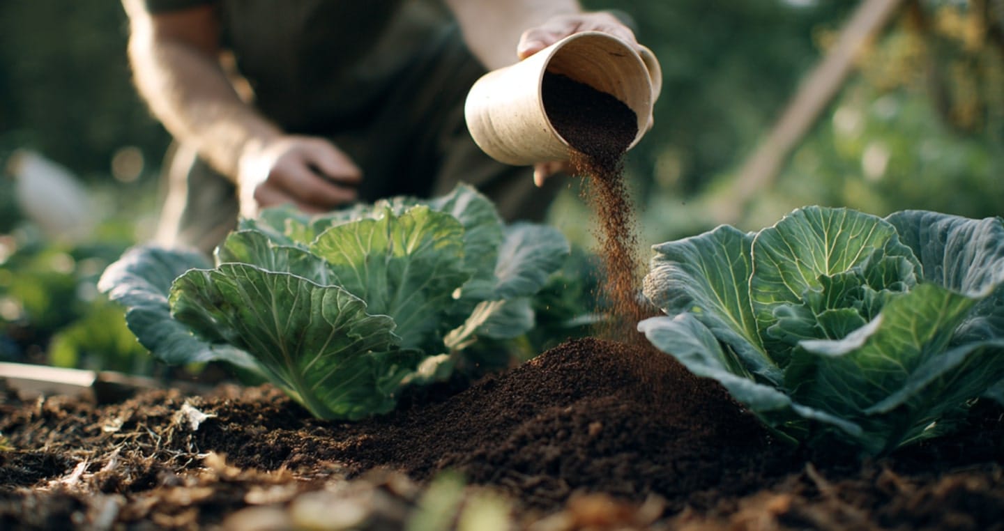Osoba nawozi ziemię przy rosnących kapuścianych roślinach w ogrodzie.
