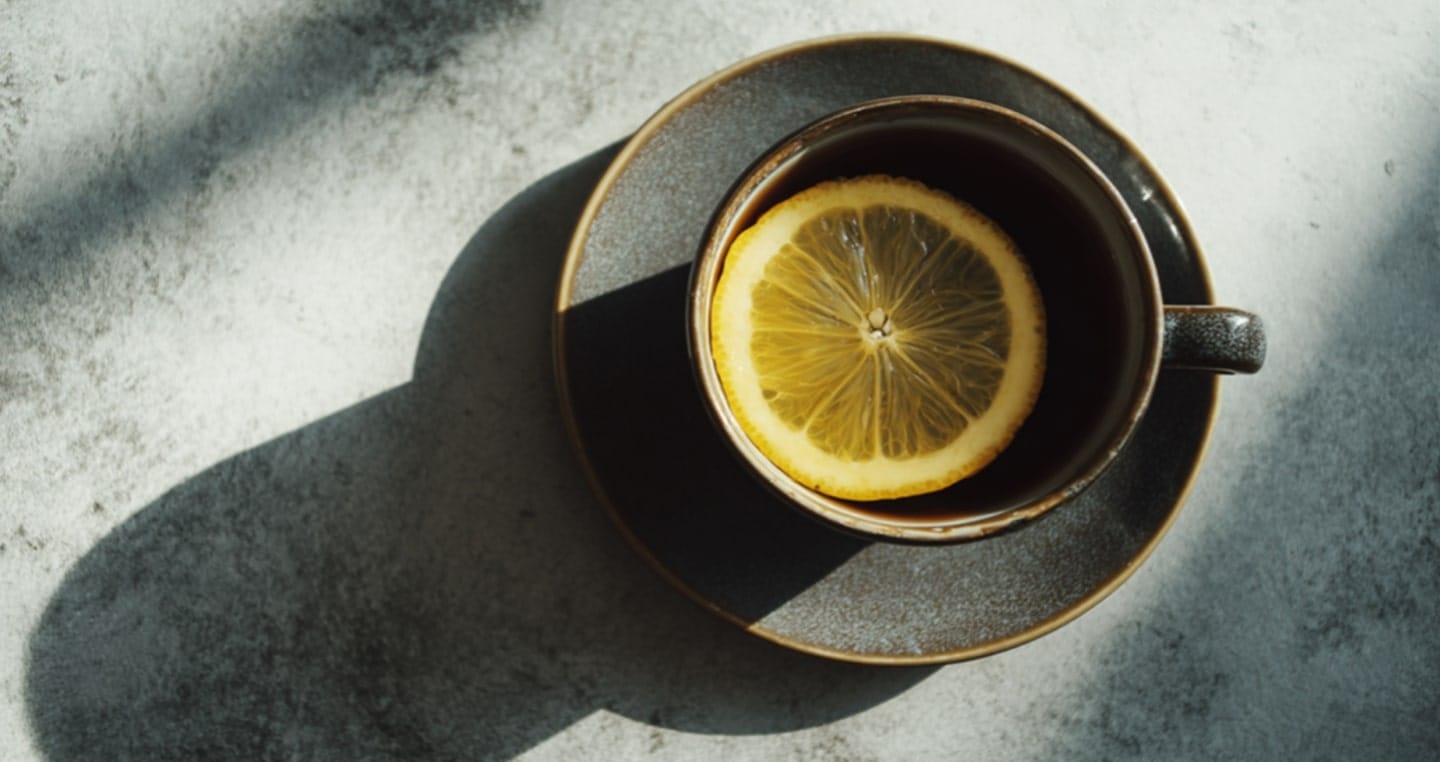 Filiżanka kawy z plasterkiem cytryny na szarej powierzchni.
