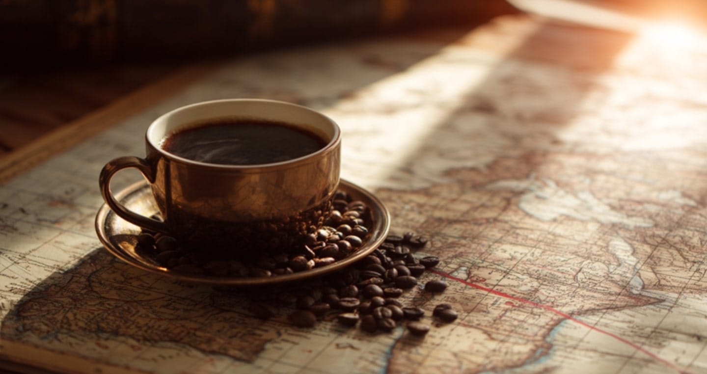 Filiżanka kawy na mapie, otoczona ziarnami kawy w świetle słońca.