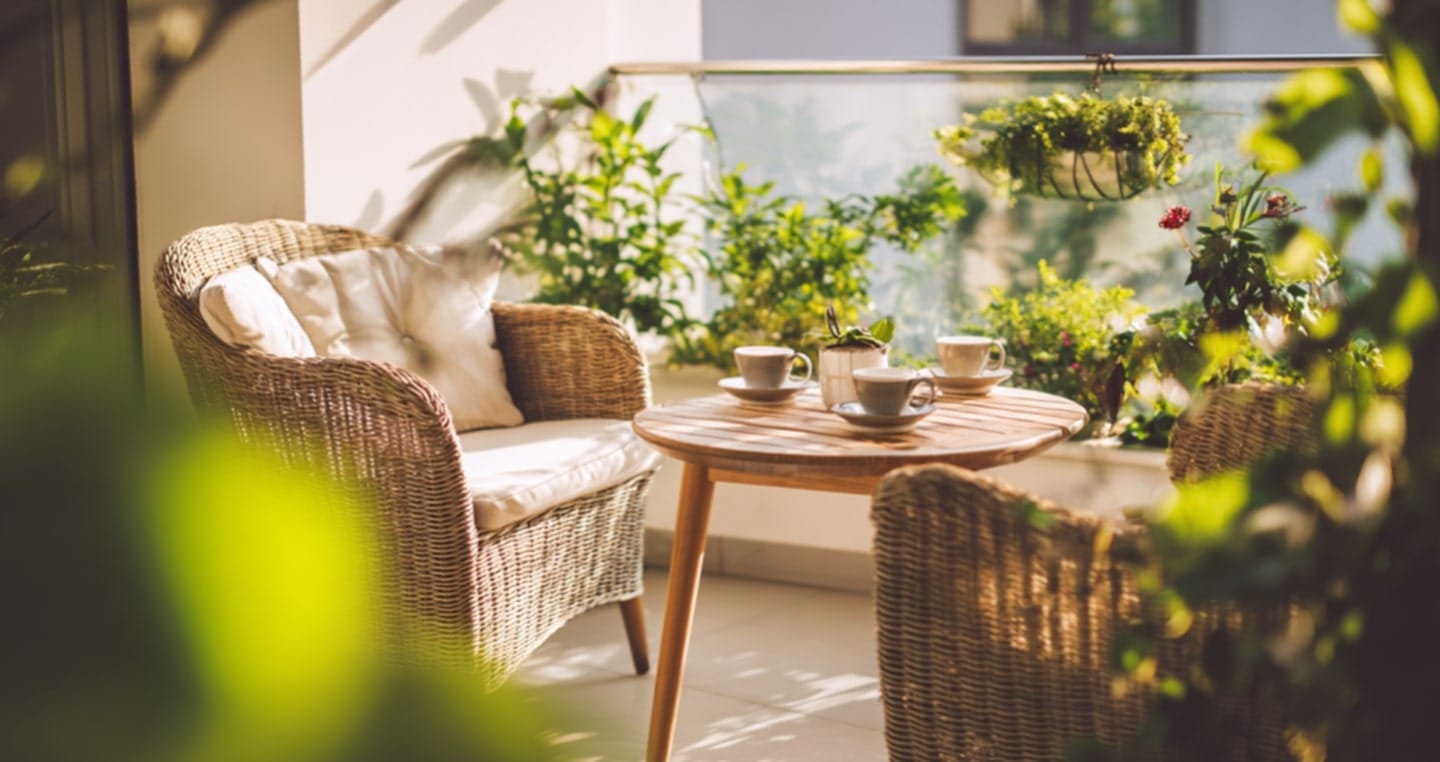 Dwa wiklinowe fotele, kawa na tarasie, stolik z filiżankami i rośliny na balkonie w słońcu.