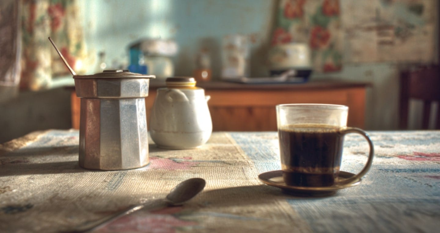 Filiżanka kawy z PRL, kawiarka, łyżeczka i mlecznik na stole kuchennym.