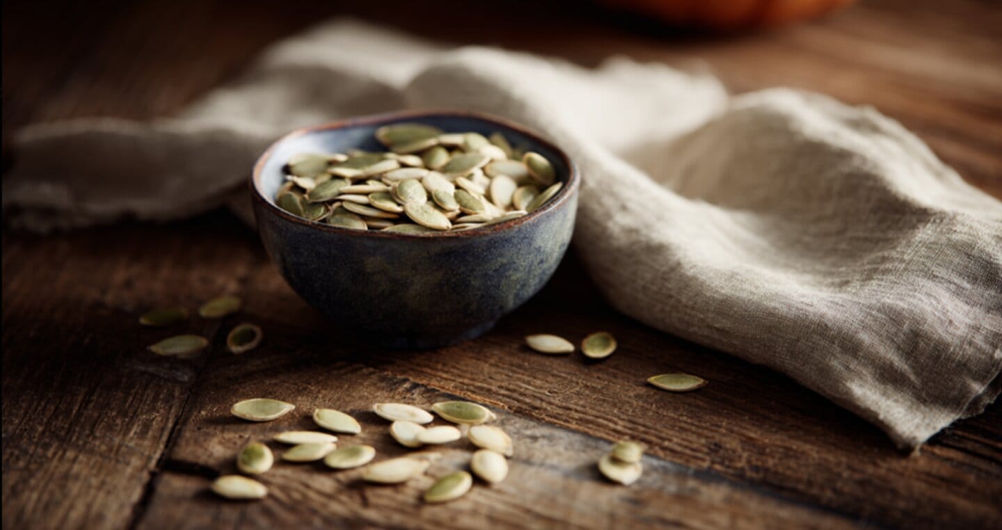 Miseczka z pestkami dyni na drewnianym stole, obok lniana ściereczka.
