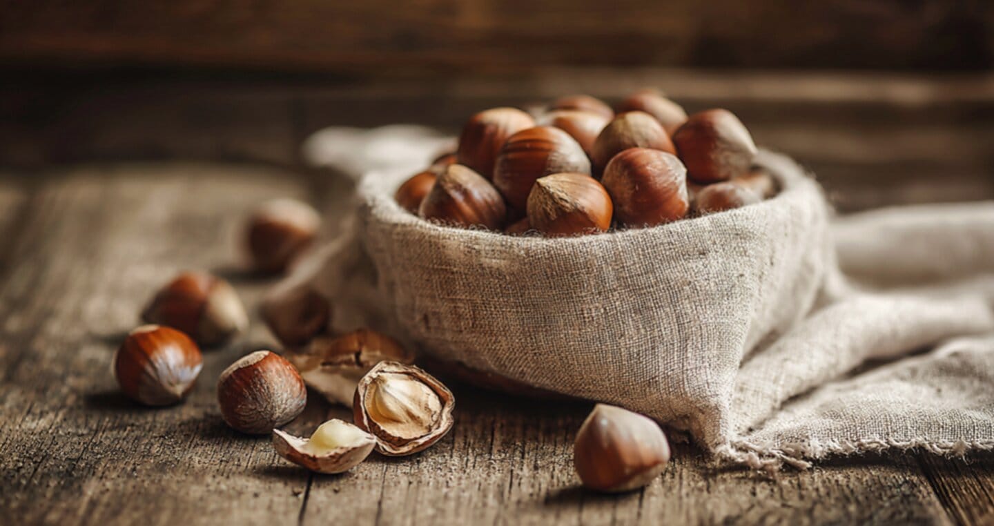 Orzechy laskowe w lnianym worku na drewnianym stole. Kilka orzechów łuskanych.