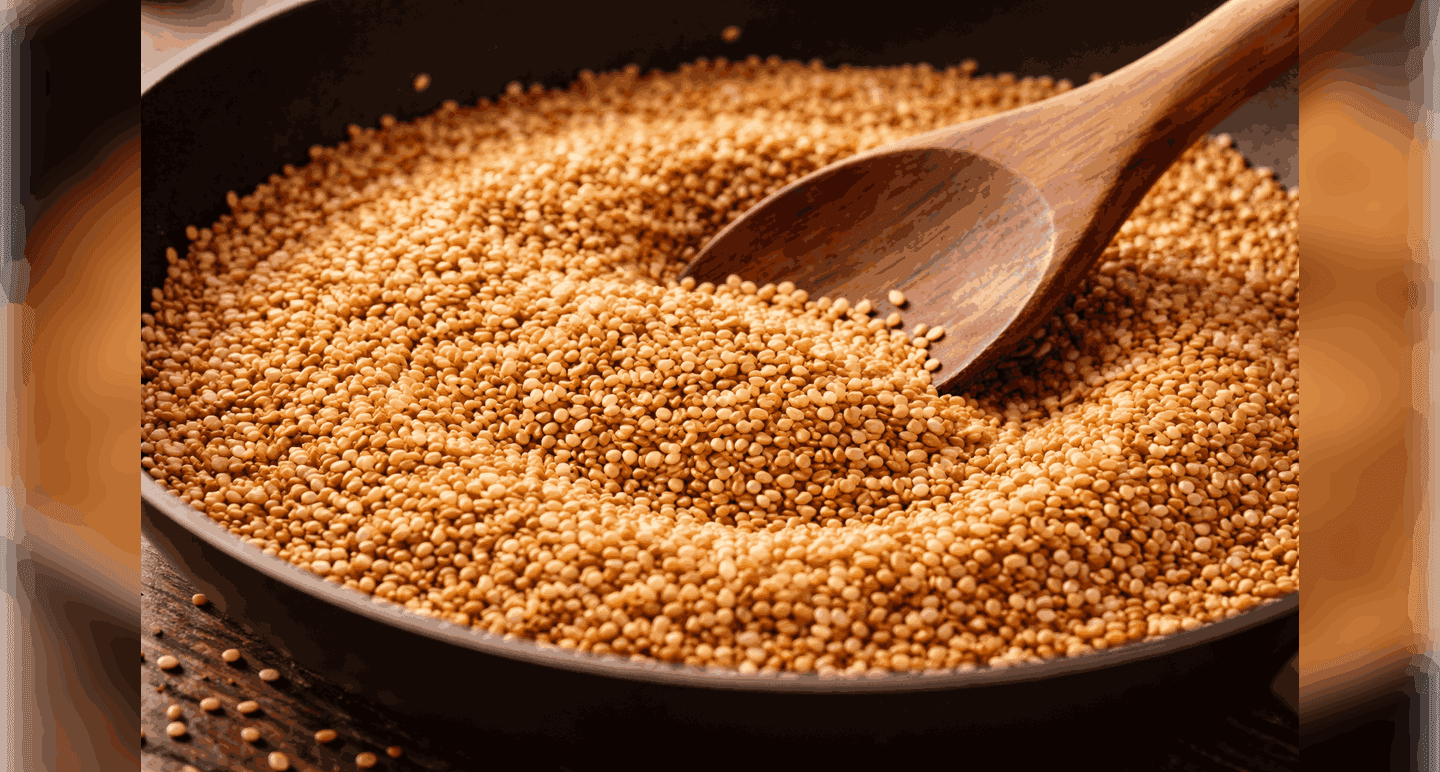 Patelnia z prażonymi ziarnami sezamu i drewnianą łyżką.